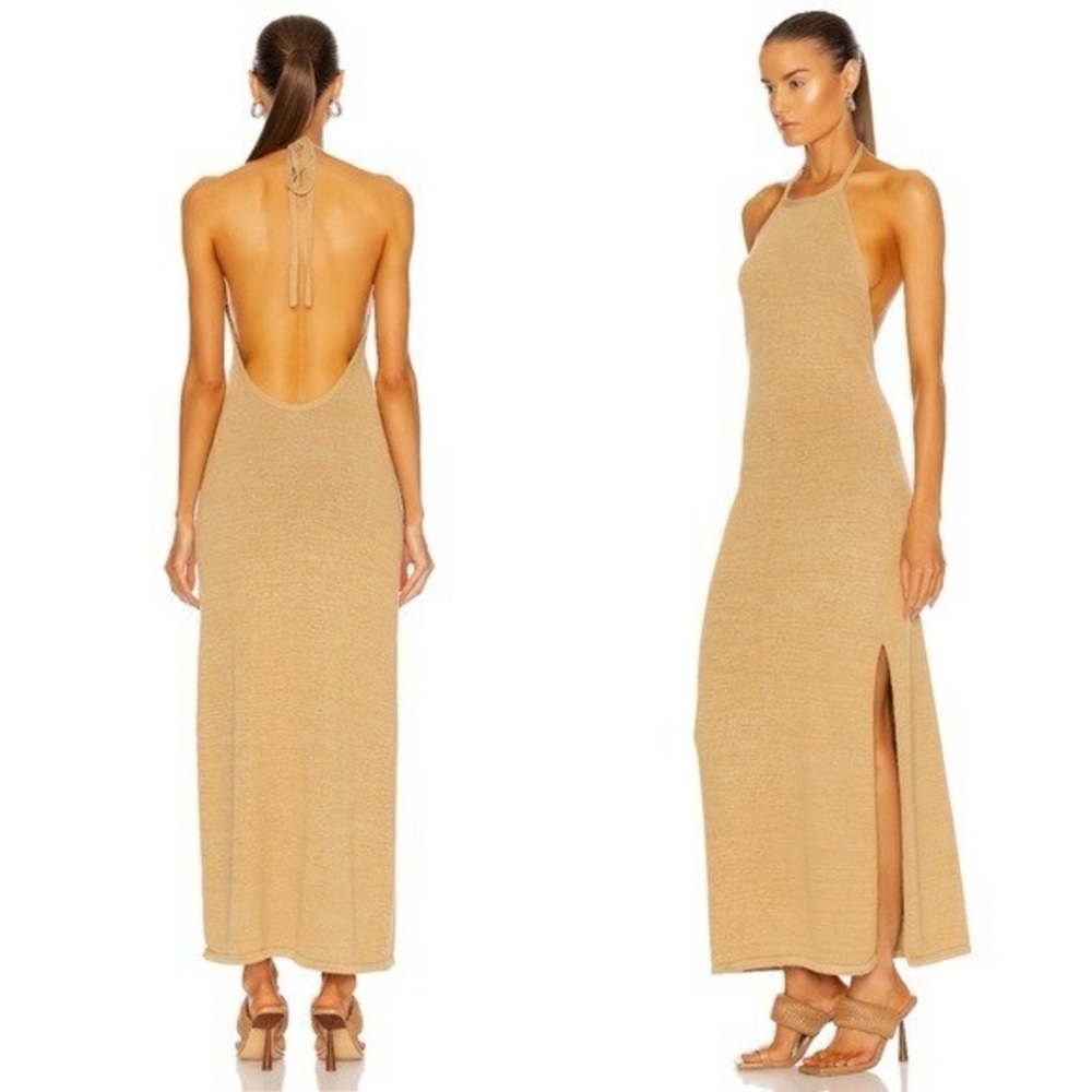 cult gaia Karina Dress in Wicker, tan knit maxi dress with side slit
